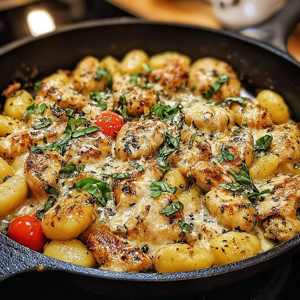 Garlic Chicken Gnocchi Skillet prepared in a cast iron pan