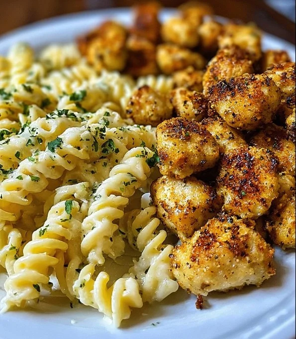 Garlic Parmesan Chicken Bites served with creamy rotini pasta
