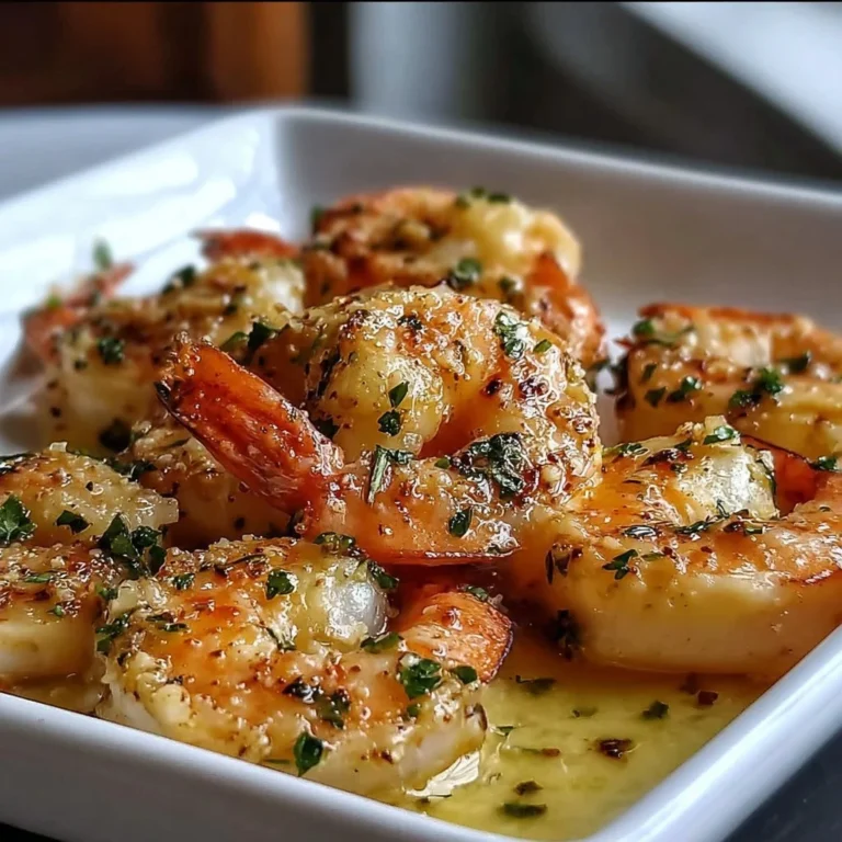 A plate of Garlic Parmesan Roasted Shrimp garnished with herbs.