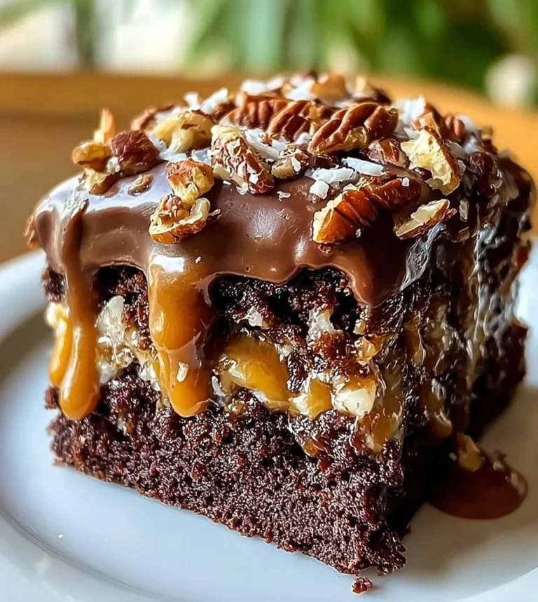 Delicious slice of German Chocolate Poke Cake with coconut and pecan topping.