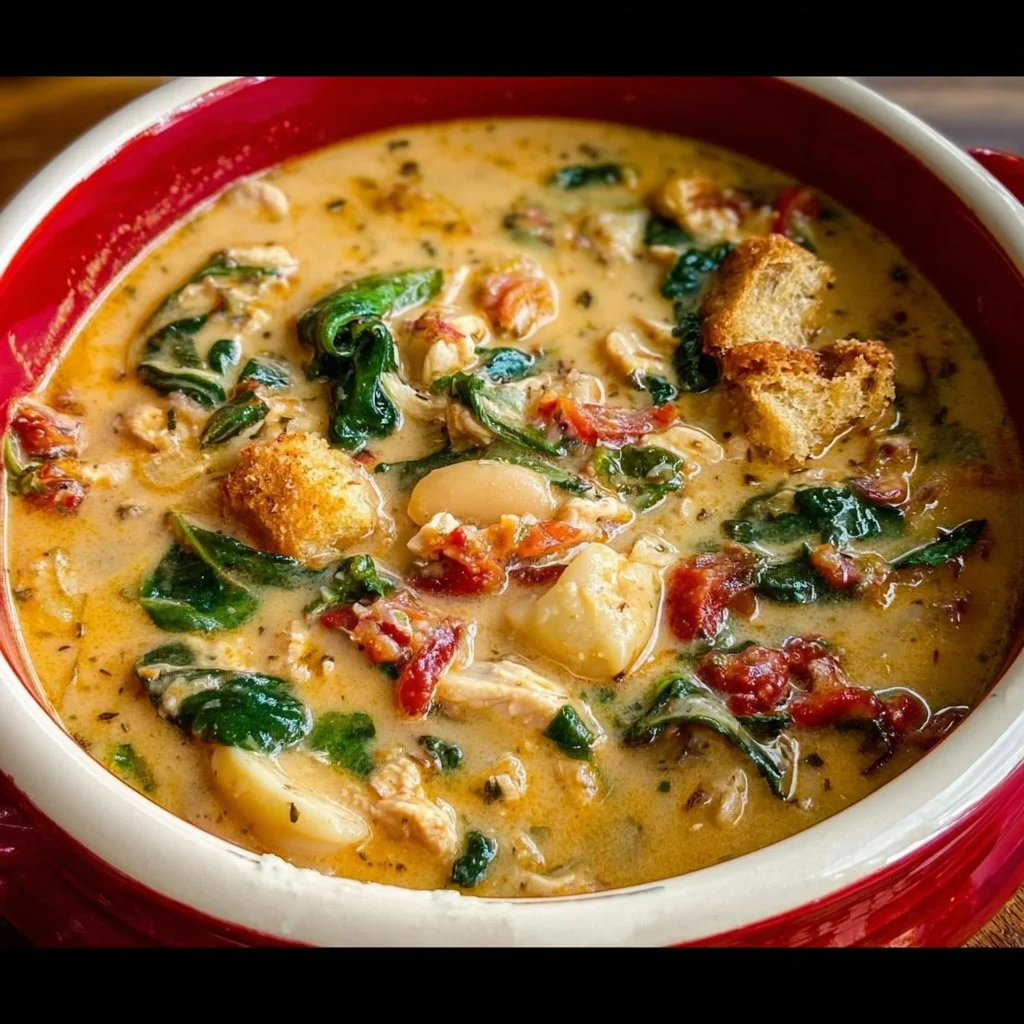 Bowl of Marry Me Tuscan Chicken Soup showcasing colorful ingredients and herbs.