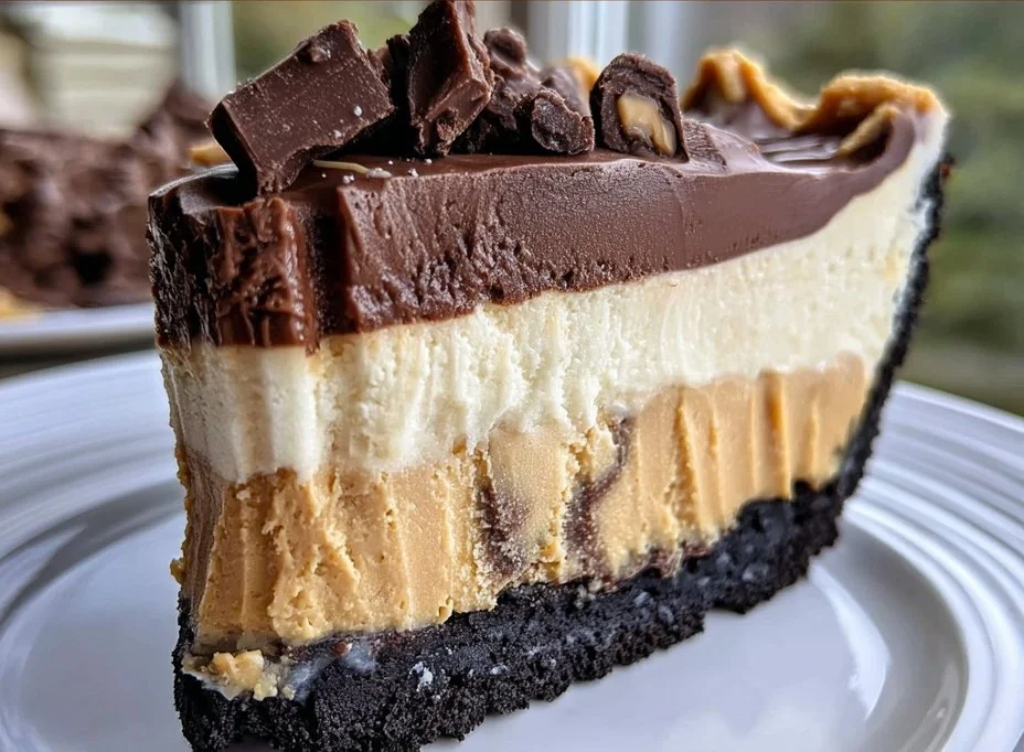 Giant Reese's Peanut Butter Cup Pie slice with chocolate and peanut butter filling