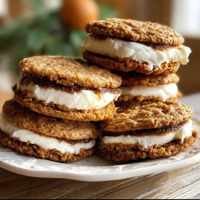 Gingerbread oatmeal cream pies with creamy filling stacked on a plate.
