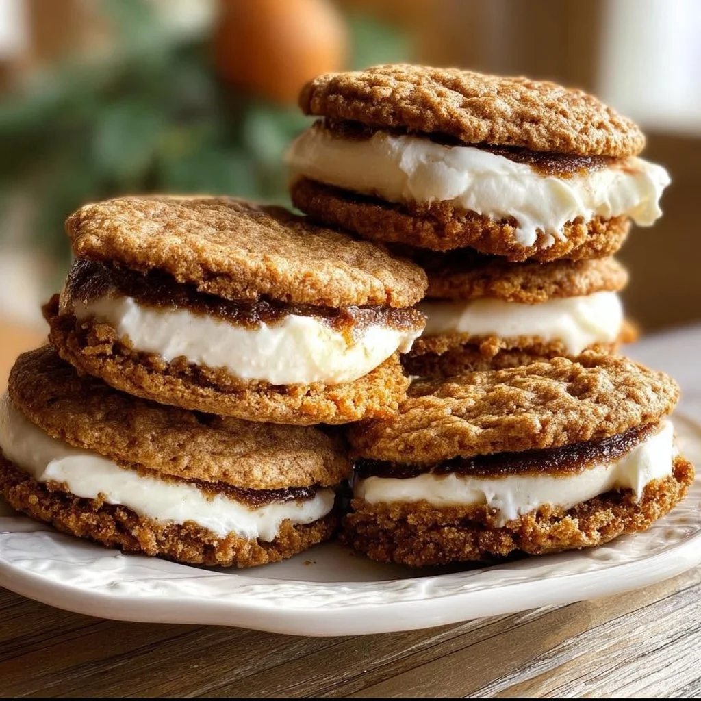 Gingerbread oatmeal cream pies with creamy filling stacked on a plate.