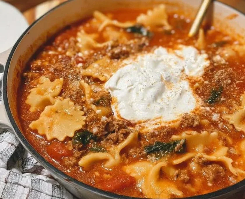 Bowl of gluten-free dairy-free lasagna soup with fresh herbs