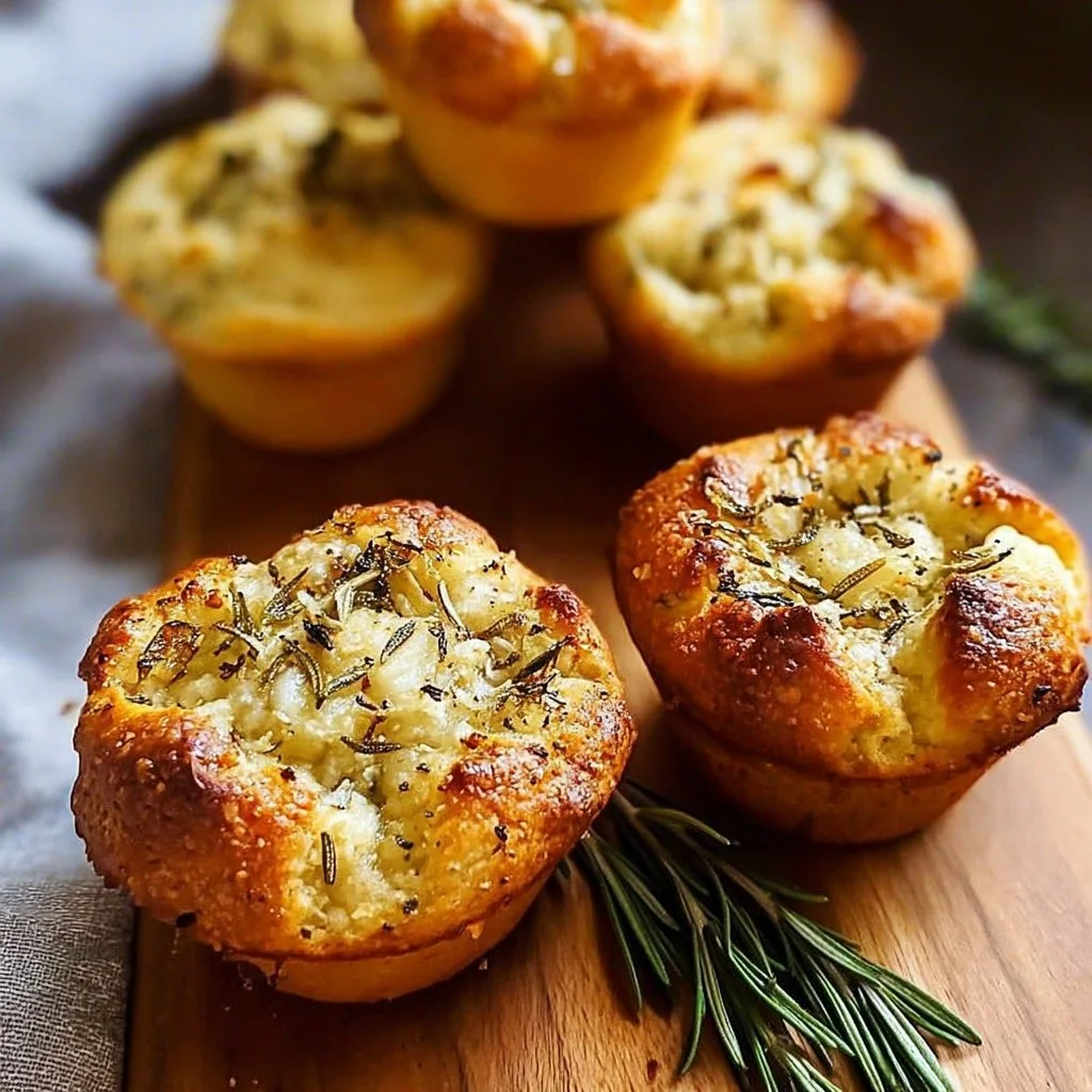 Golden crust garlic rosemary focaccia muffins on a rustic wooden table.