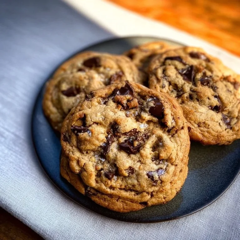 Gooey bourbon browned butter chocolate chip cookies on a plate