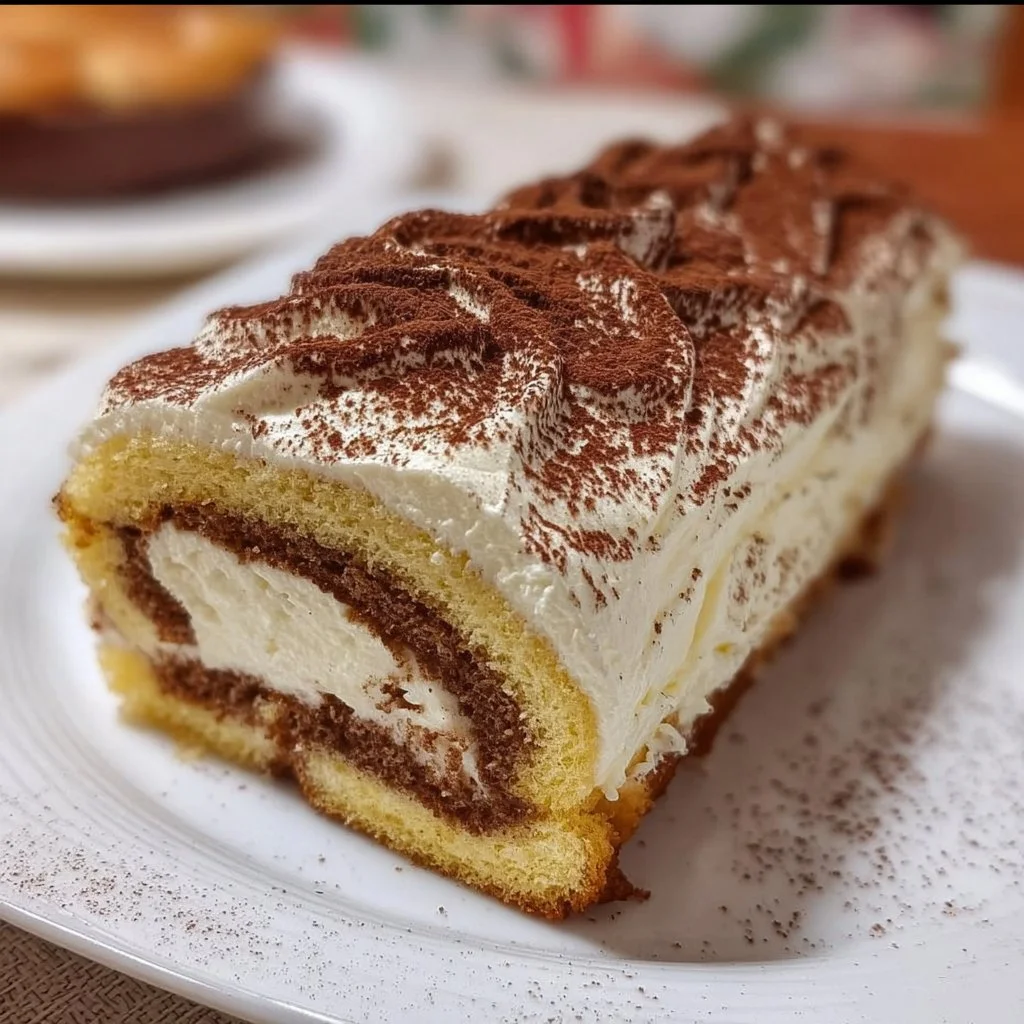 Gourmet tiramisu yule log cake decorated for the holidays