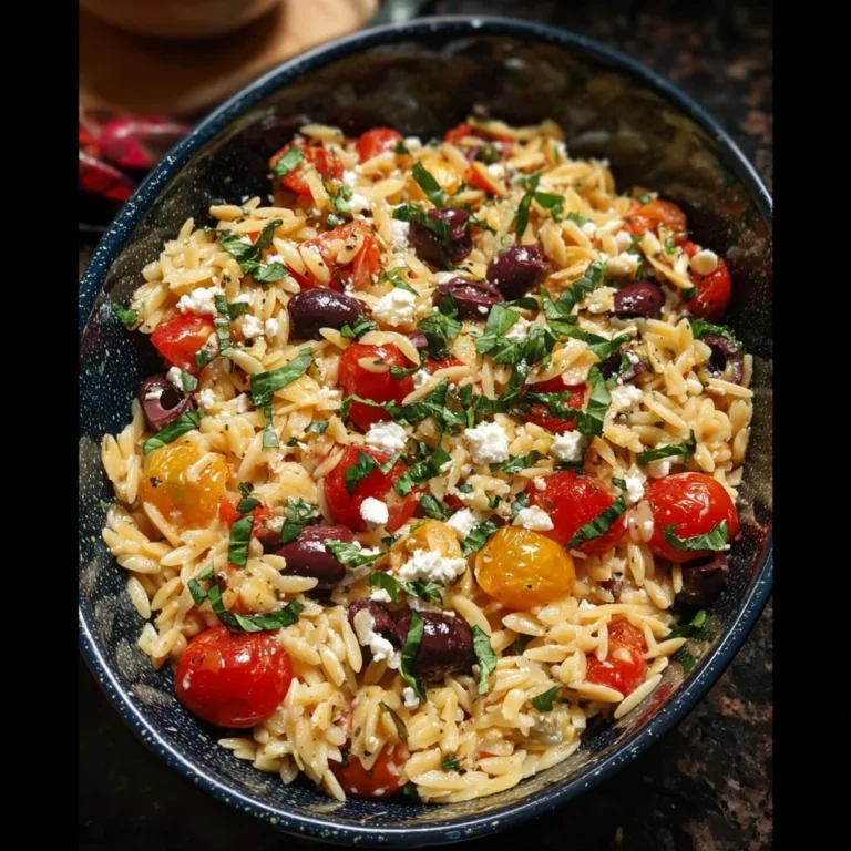 Bowl of Greek Orzo with tomatoes, olives, basil, and feta cheese