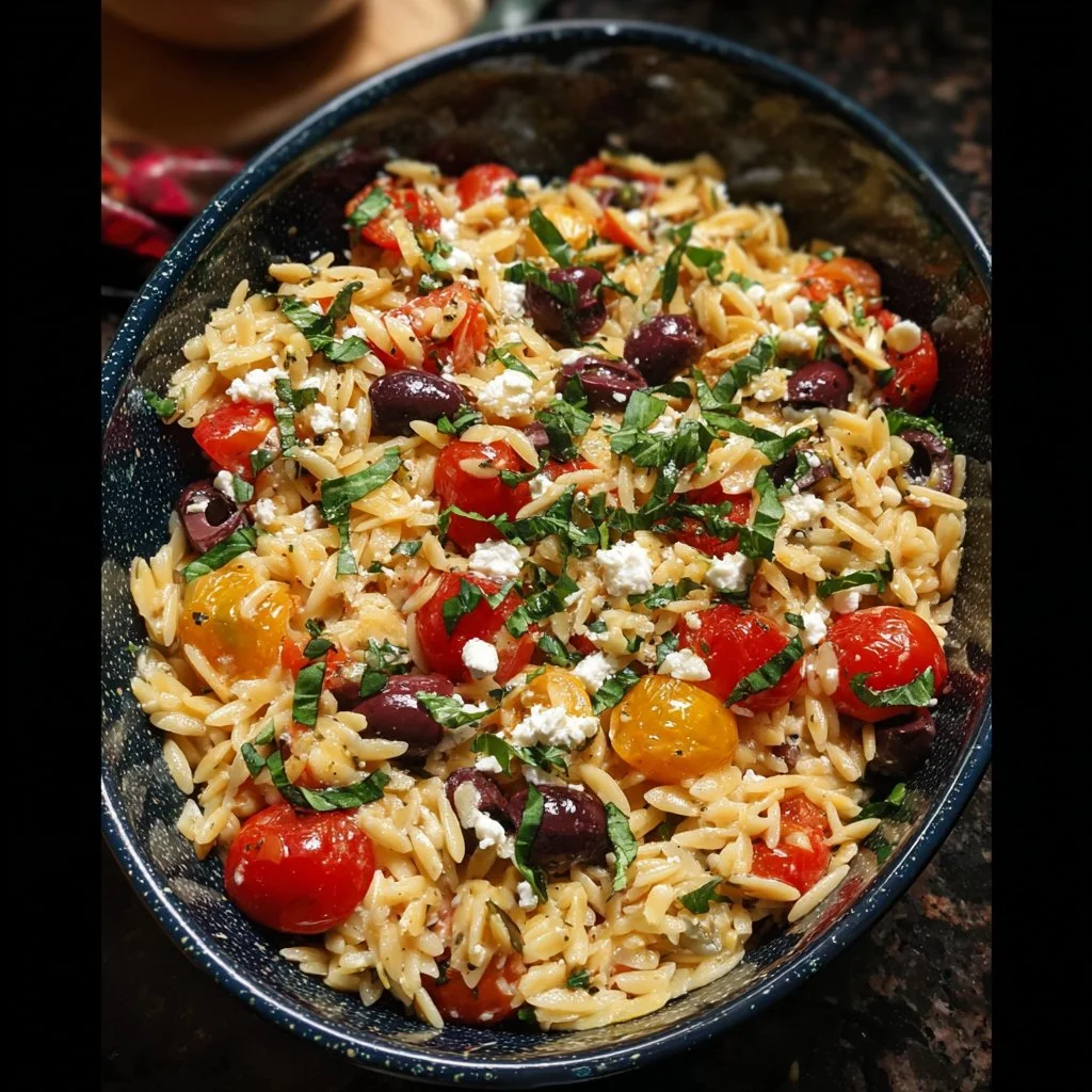 Bowl of Greek Orzo with tomatoes, olives, basil, and feta cheese