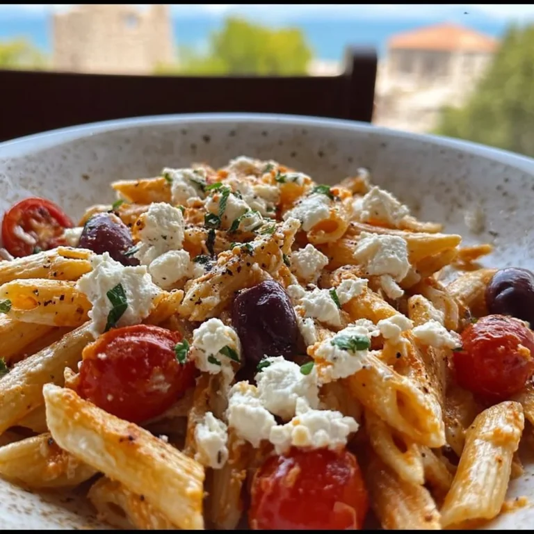 Delicious Greek Pasta with Feta cheese and fresh vegetables