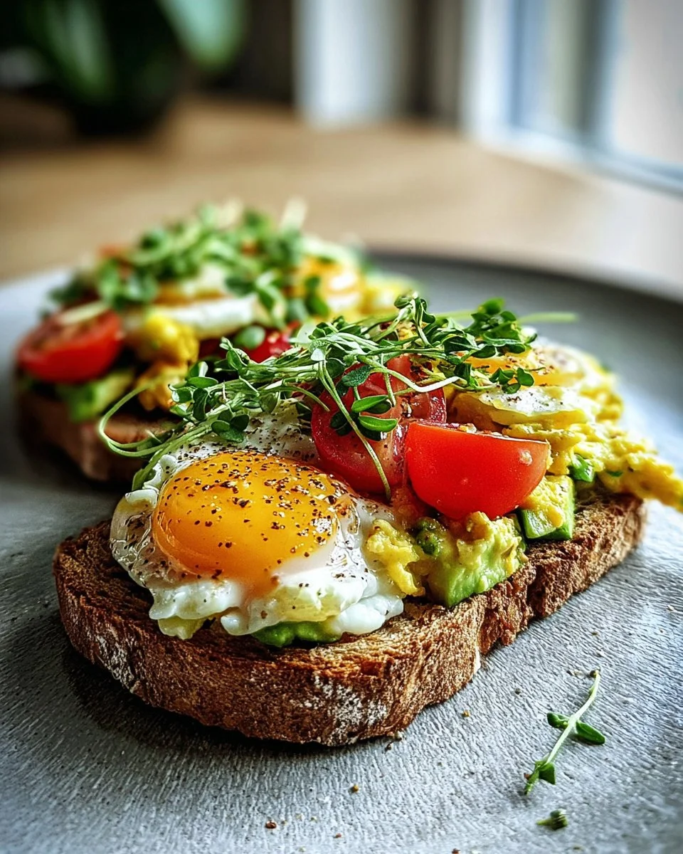 Delicious healthy breakfast toast topped with avocado and cherry tomatoes