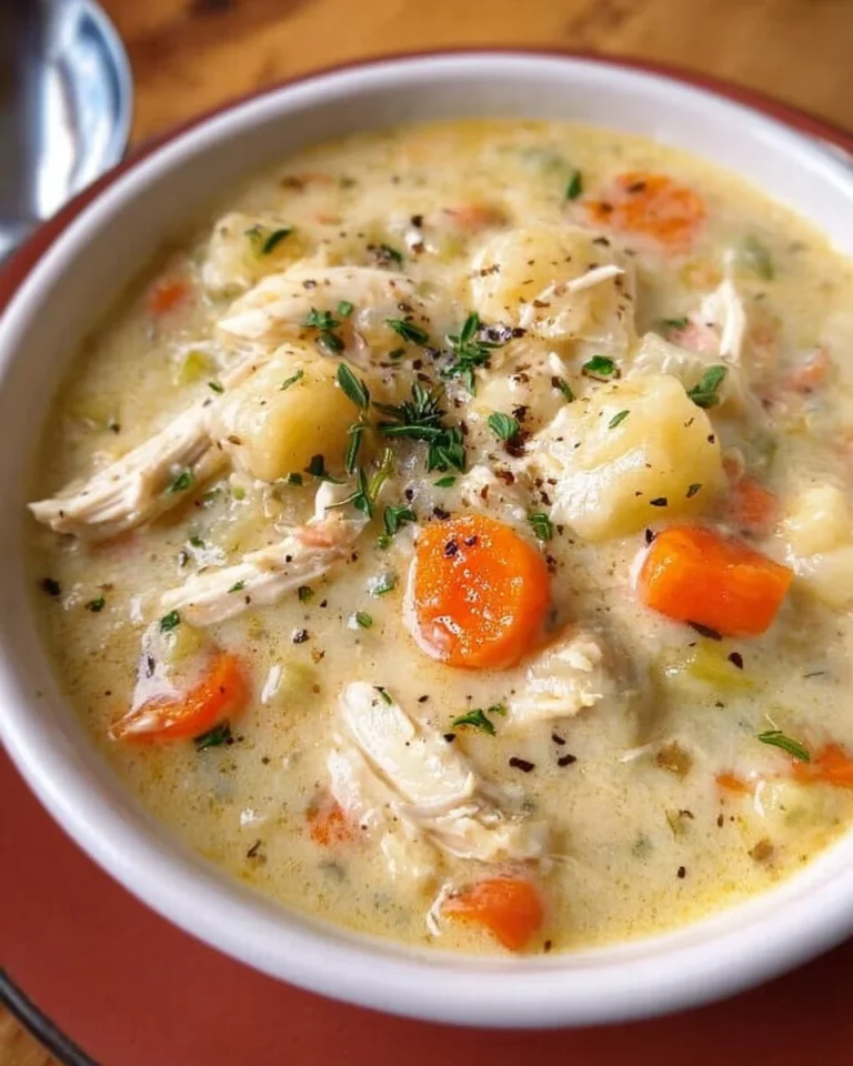 A bowl of Healthy Chicken Pot Pie Soup garnished with fresh herbs and vegetables.
