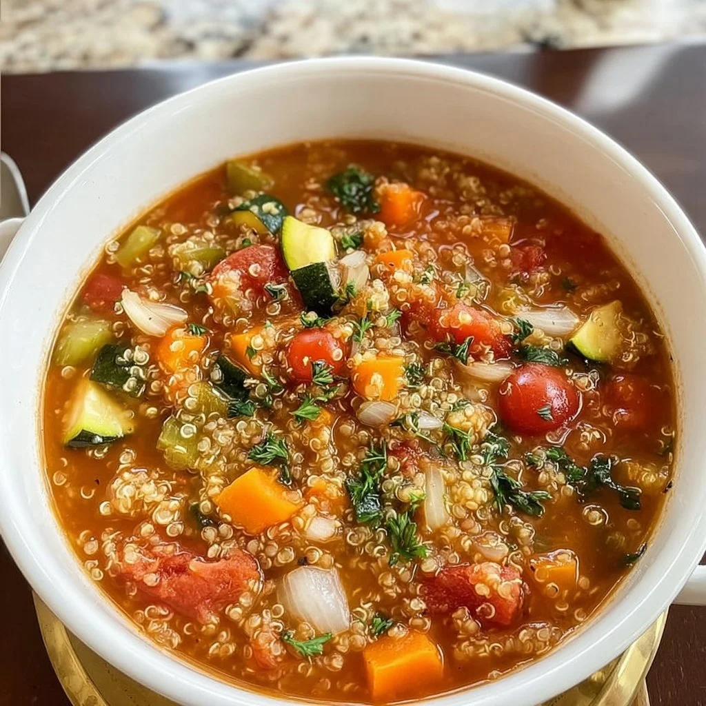 Bowl of healthy quinoa vegetable soup with colorful vegetables and herbs