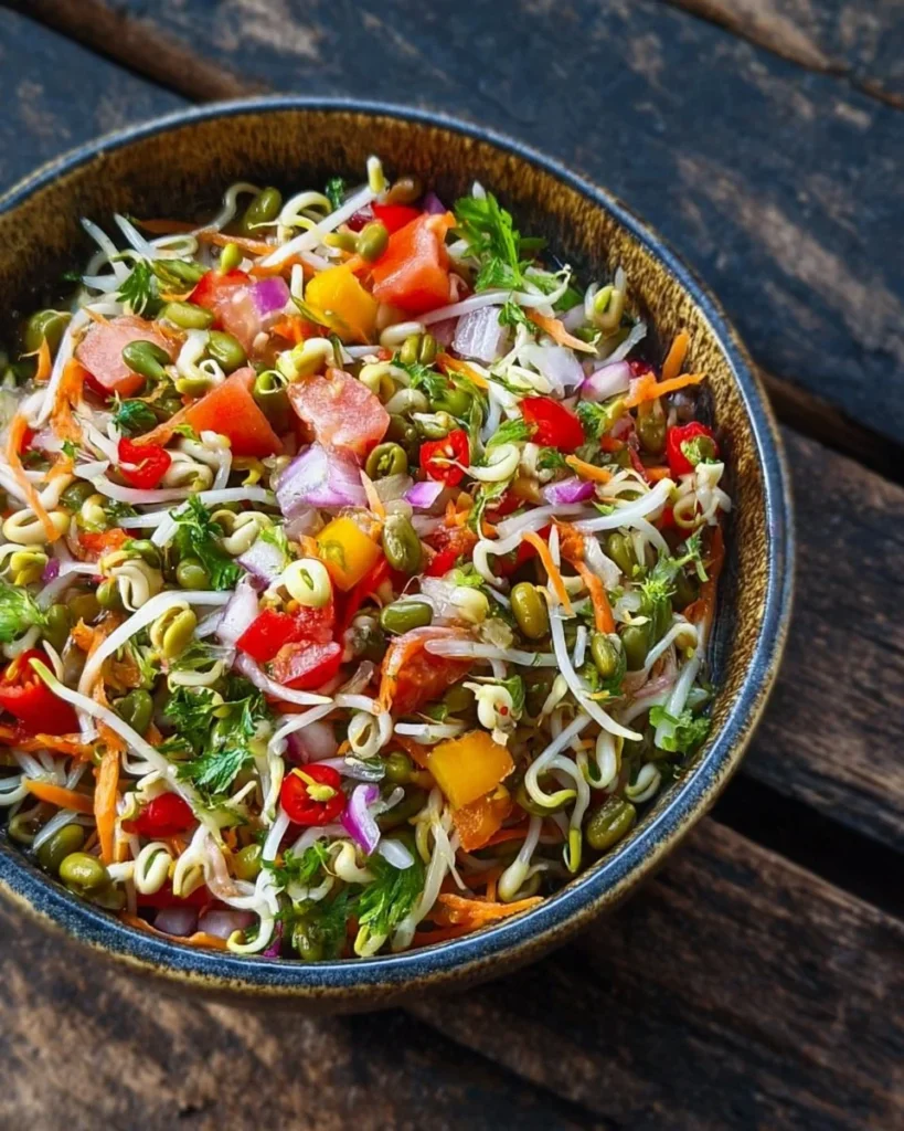 Healthy sprout salad with fresh vegetables and herbs in a bowl
