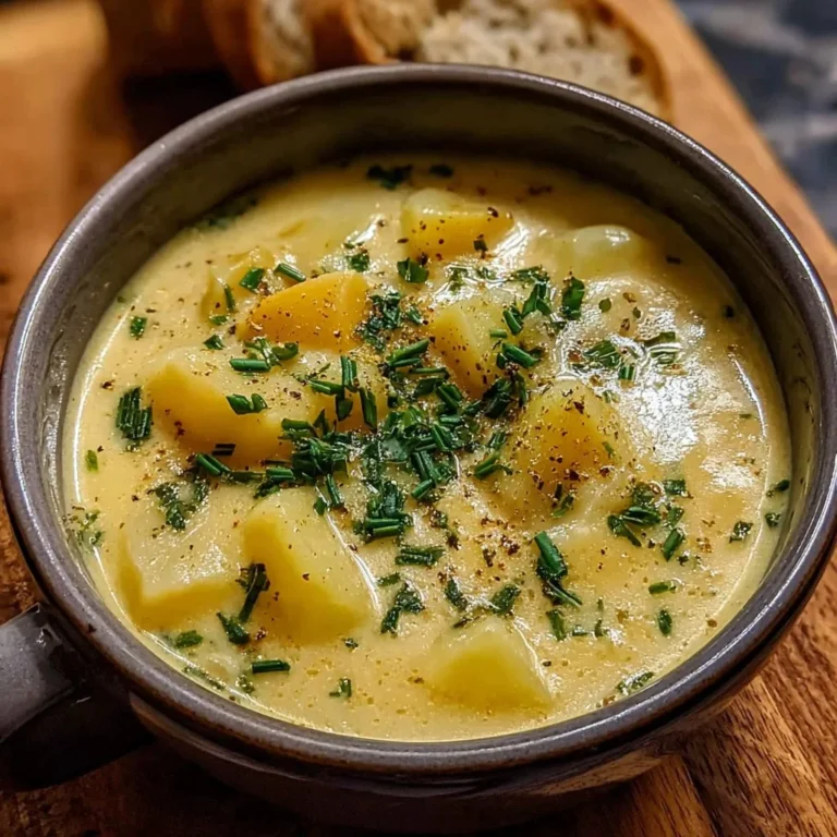 Bowl of hearty cheddar garlic herb potato soup garnished with herbs.