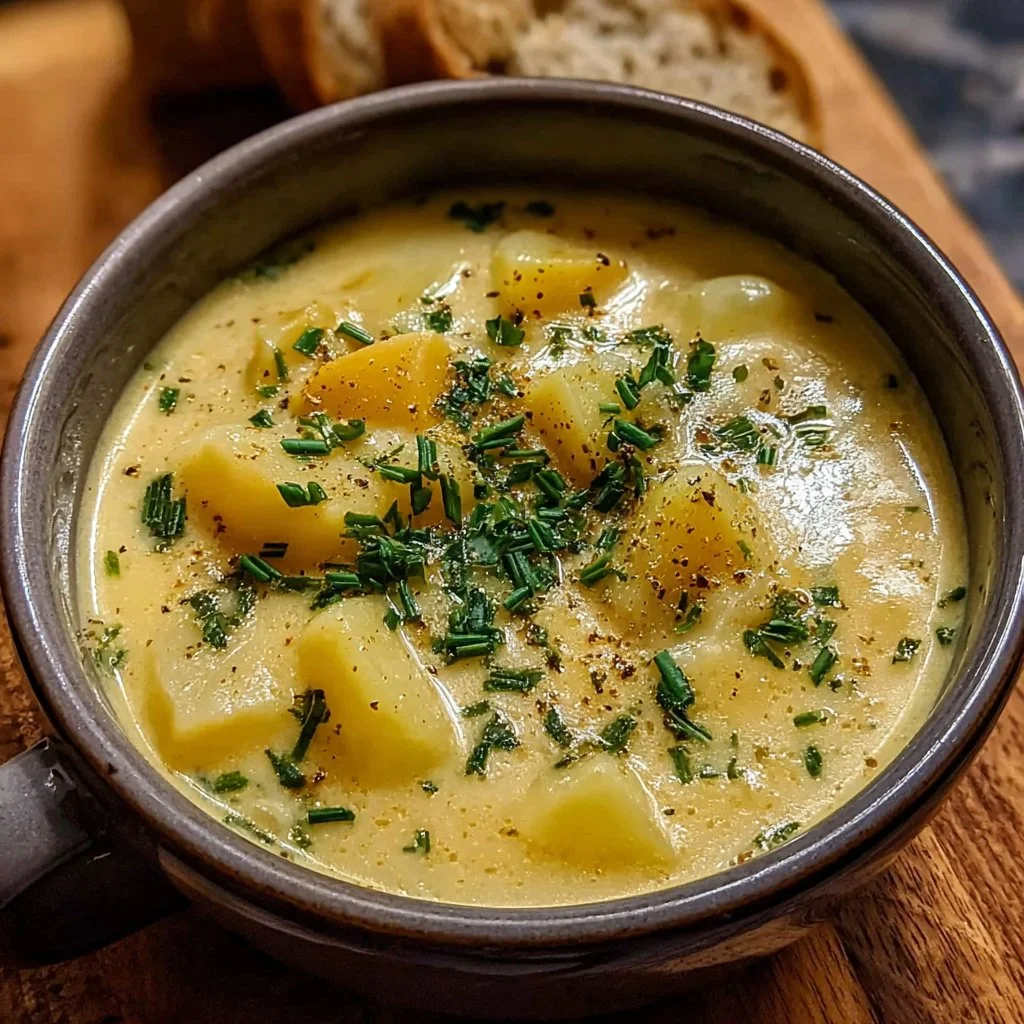 Bowl of hearty cheddar garlic herb potato soup garnished with herbs.