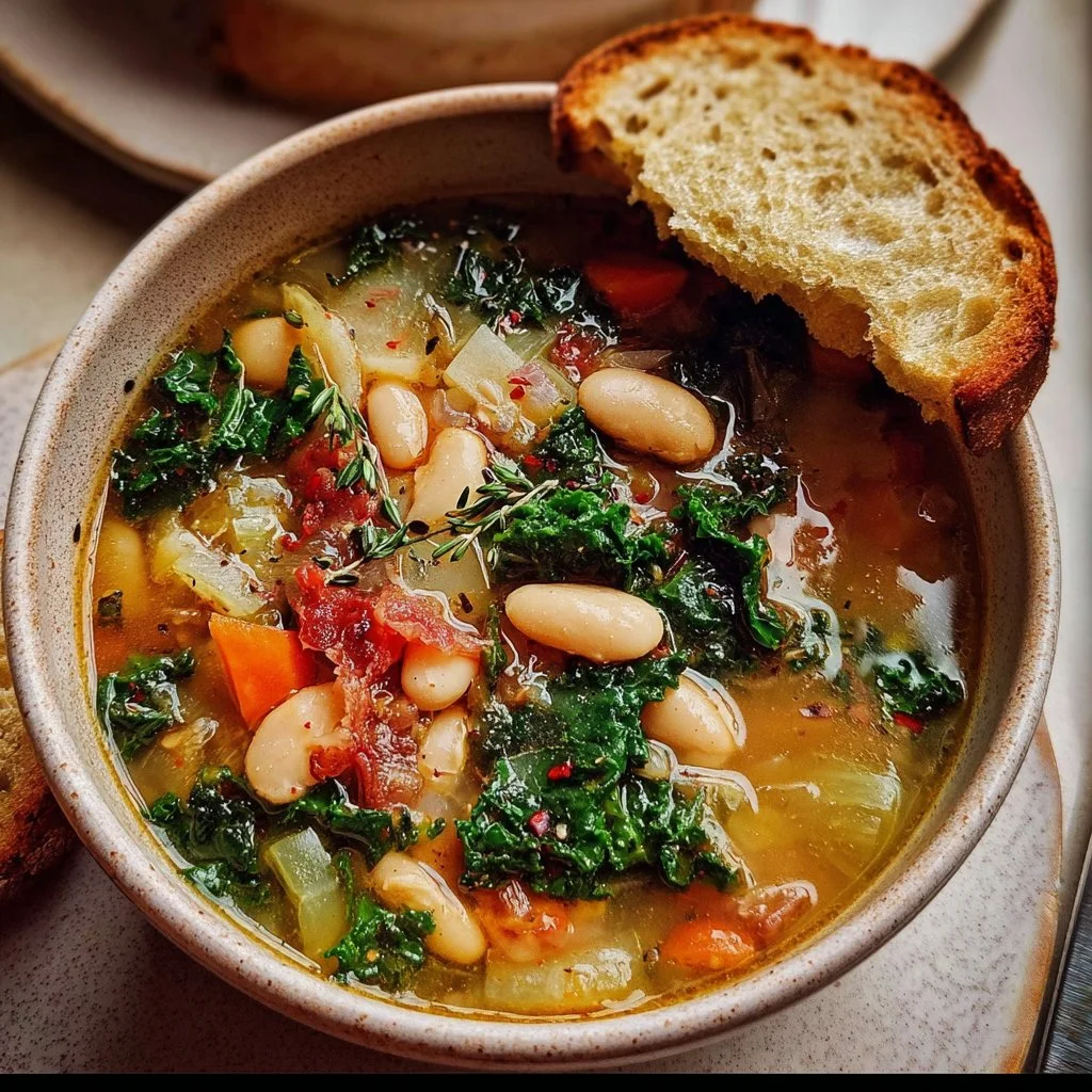 Hearty Tuscan White Bean Soup served in a rustic bowl with fresh herbs.