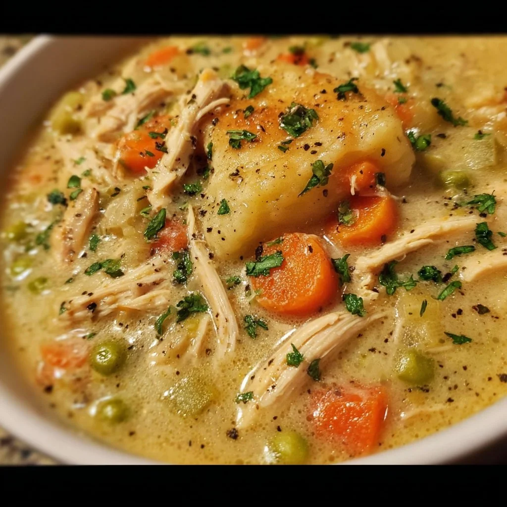 High Protein Chicken Pot Pie Soup in a bowl, garnished with herbs