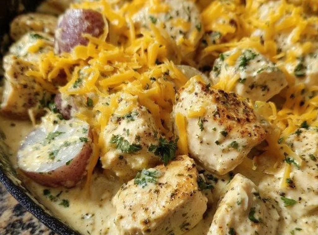 Creamy garlic cheesy chicken with potatoes served on a plate