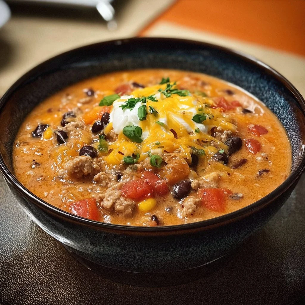 Bowl of high protein creamy taco soup garnished with toppings