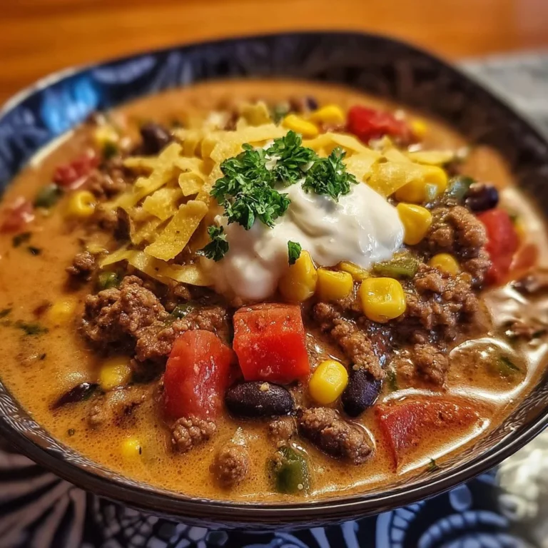 Bowl of high protein creamy taco soup garnished with fresh toppings.