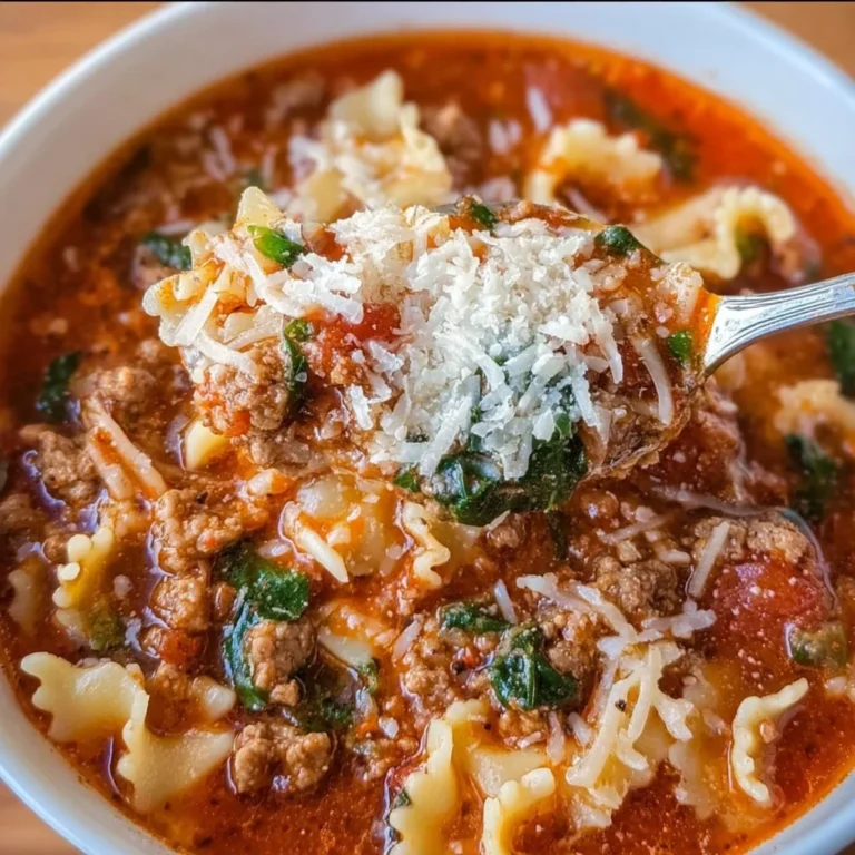 Bowl of high protein lasagna soup with cheesy toppings and herbs