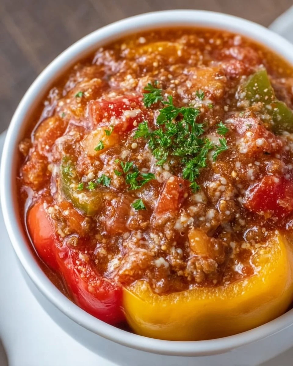 High protein stuffed pepper soup in a bowl garnished with fresh herbs.