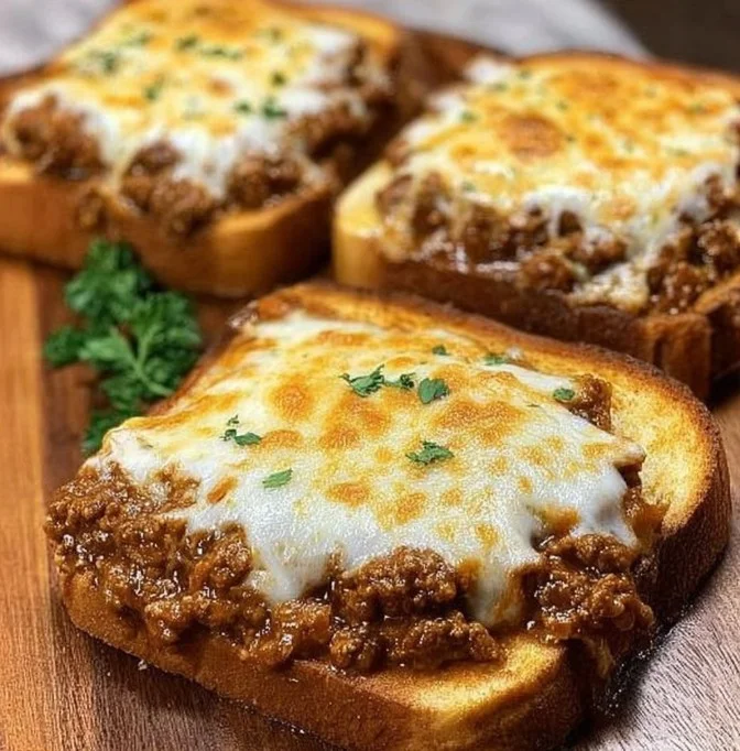 Homemade cheesy garlic bread topped with sloppy joes, a delicious comfort food dish.