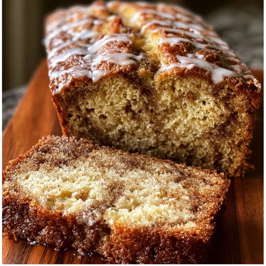Homemade cinnamon swirl banana bread sliced on a wooden table