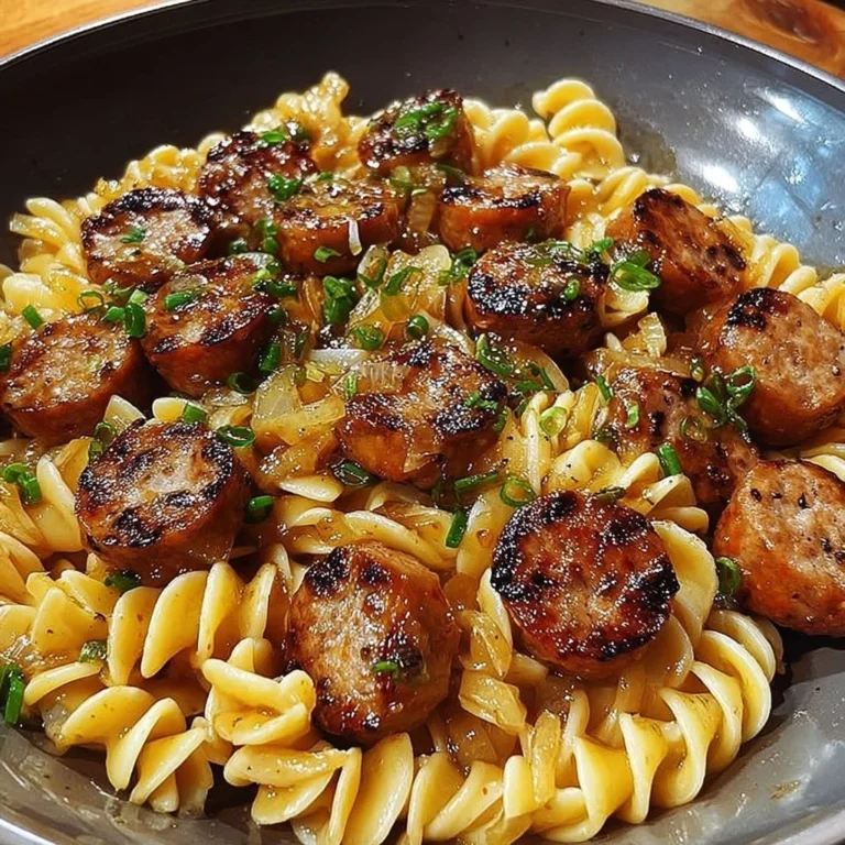 Delicious honey garlic sausage pasta served in a bowl with herbs.