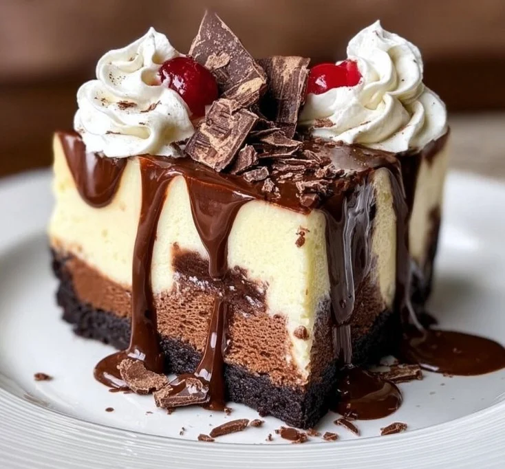 Delicious hot fudge sundae brownie cheesecake topped with chocolate sauce
