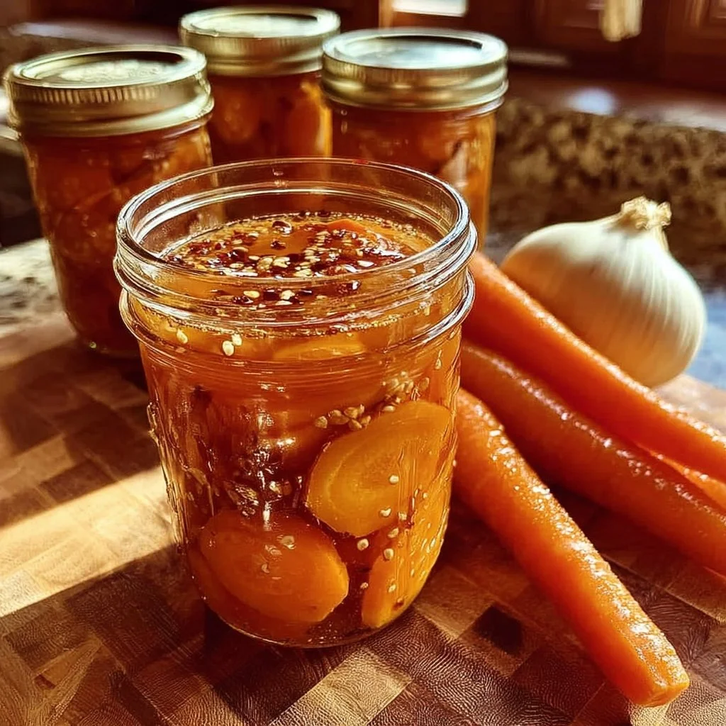 Jar of hot honey pickled carrots with a spicy and sweet glaze