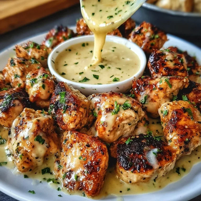 Creamy garlic sauce drizzled over delicious grilled chicken bites