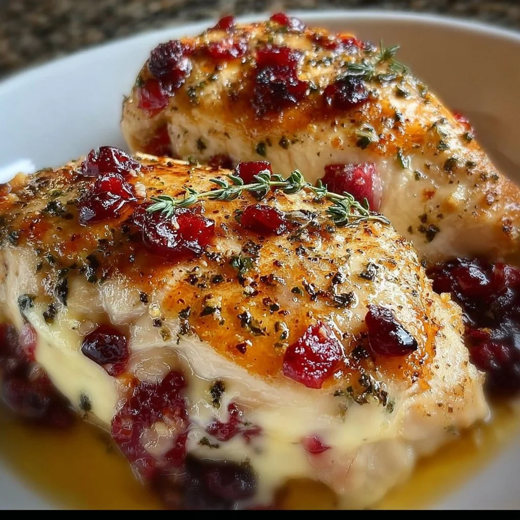 Cranberry brie stuffed chicken golden roasted and garnished with herbs