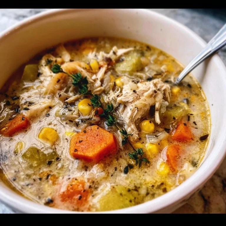 Bowl of Instant Pot Chicken and Rice Soup garnished with herbs