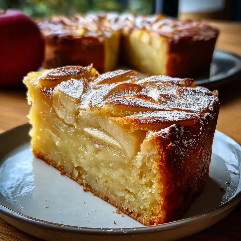 Slice of Invisible Apple Cake topped with powdered sugar and fresh apples.
