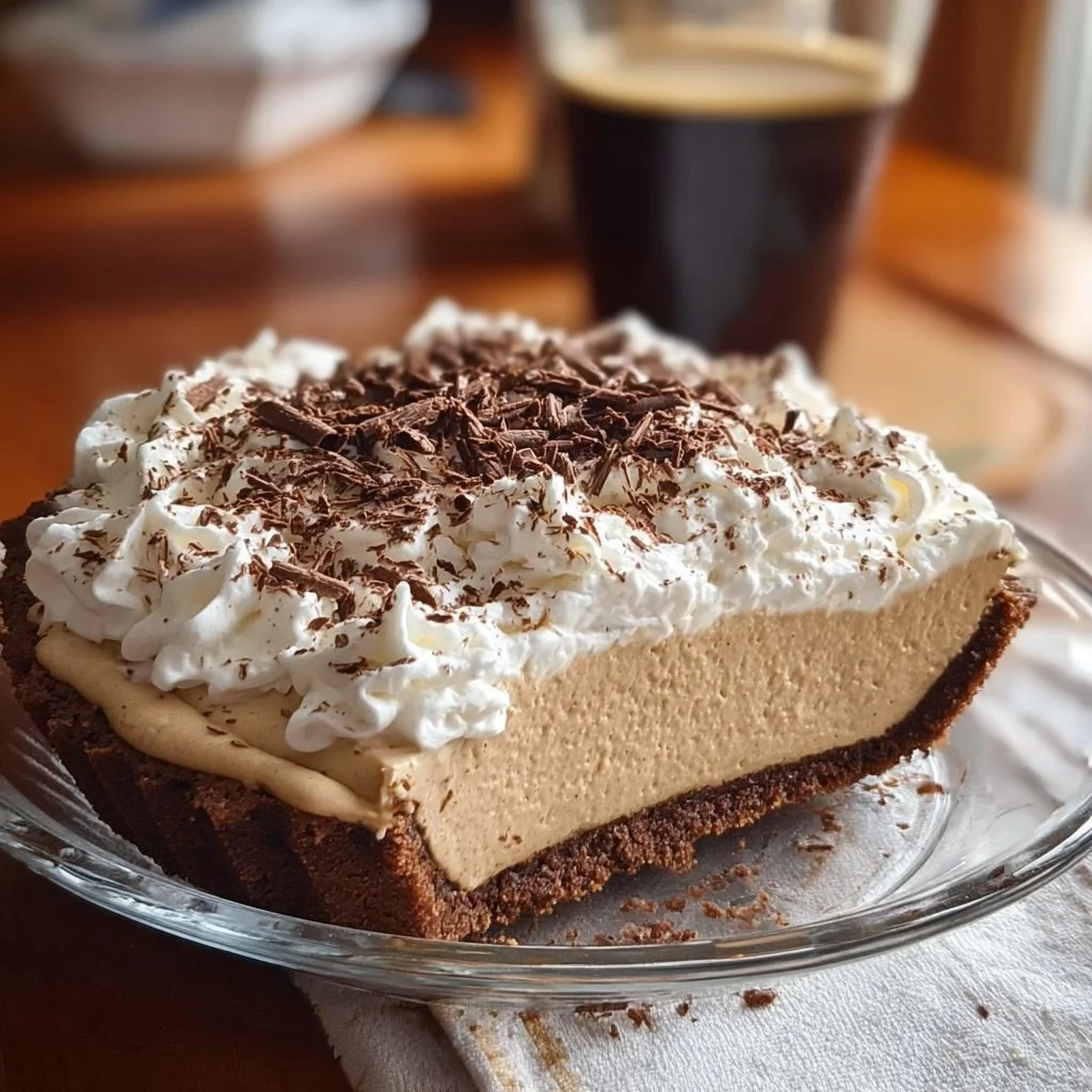 Delicious Irish Coffee Pie topped with whipped cream and cocoa powder.