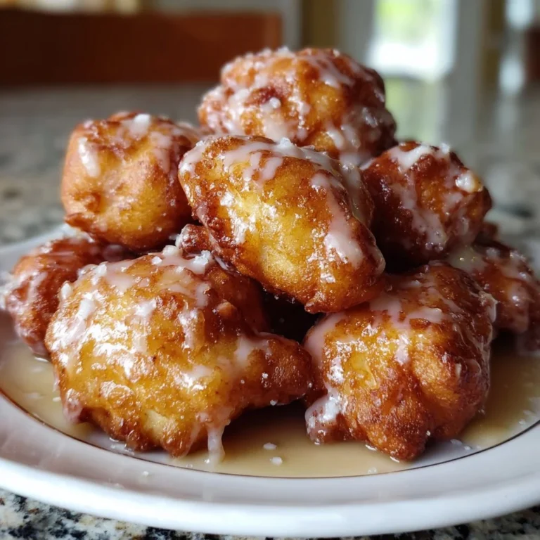 Cinnamon glazed apple fritter bites arranged on a plate
