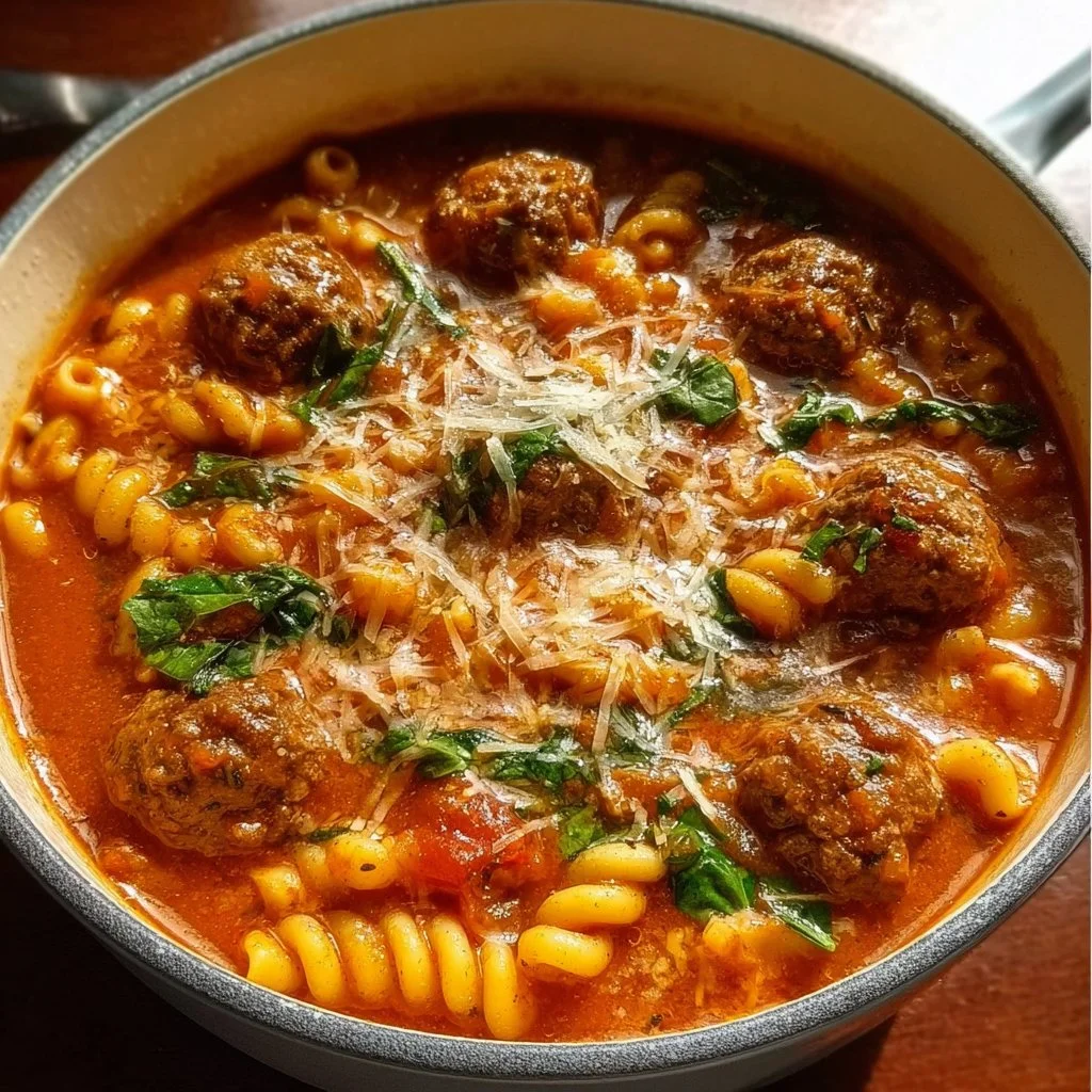 Delicious bowl of Italian meatball soup with fresh herbs and vegetables