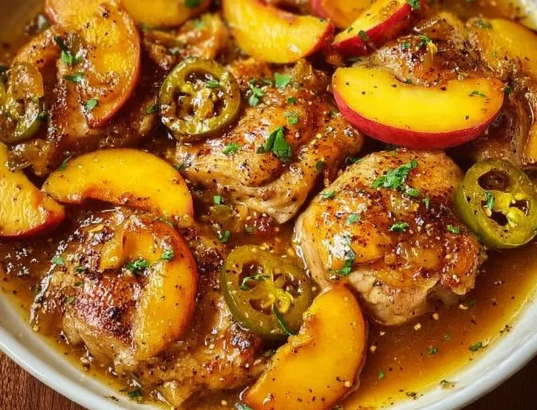 Jalapeño Peach Chicken served on a plate with garnishes