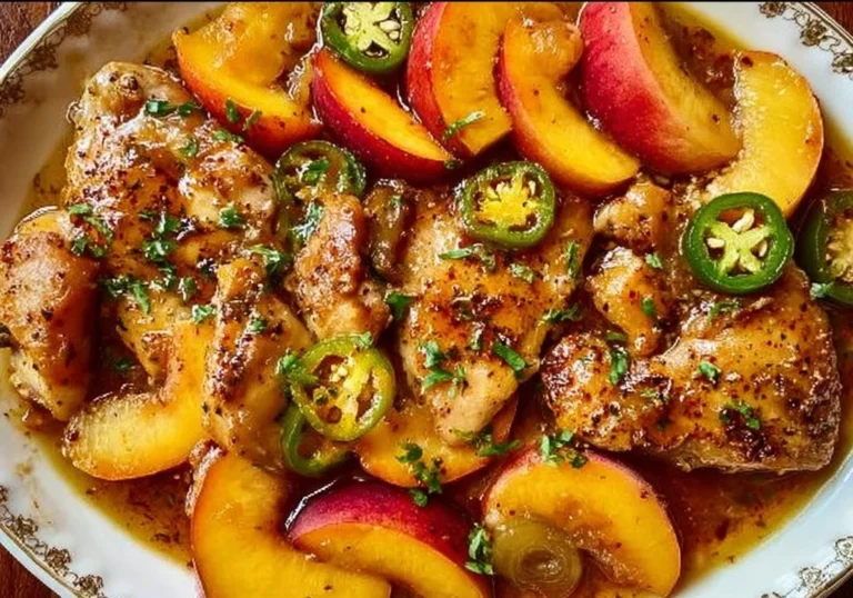 Delicious Jalapeño Peach Chicken served on a plate with vibrant garnishes