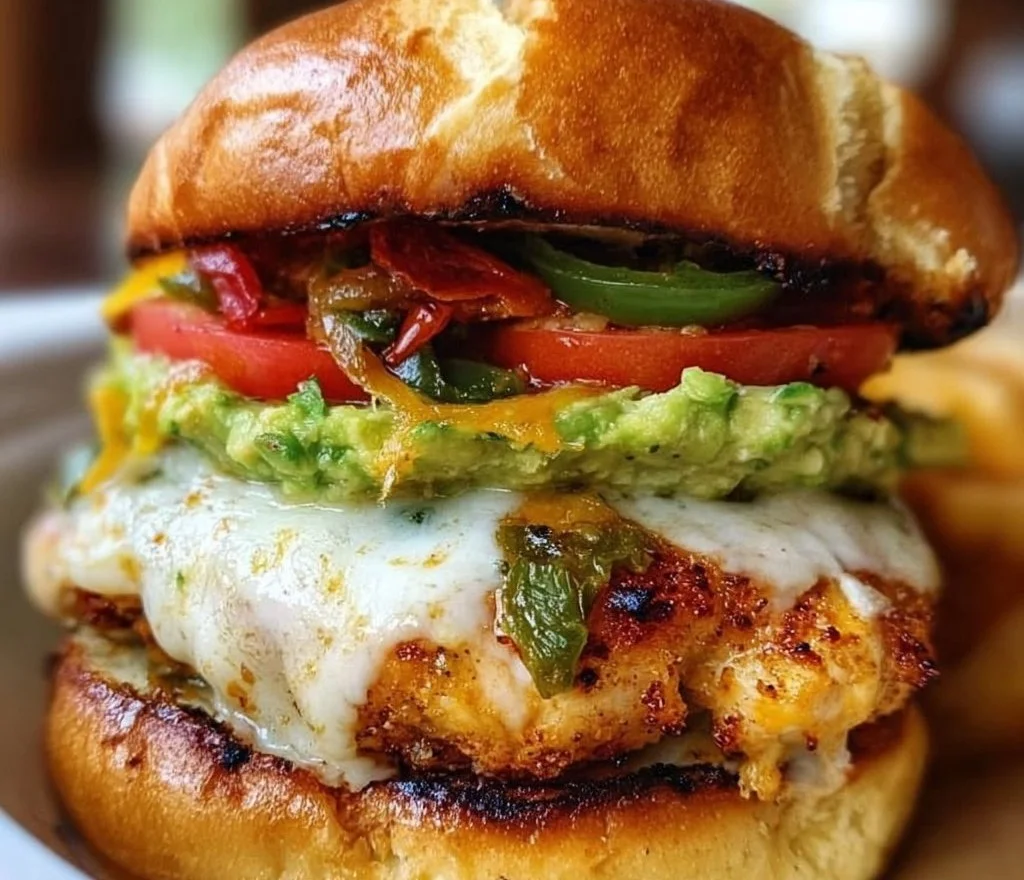 Jalapeño Pepper Jack Chicken Burger with toppings and spicy sauce
