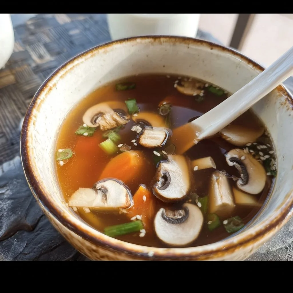Delicious homemade Japanese clear soup in a bowl with garnishes