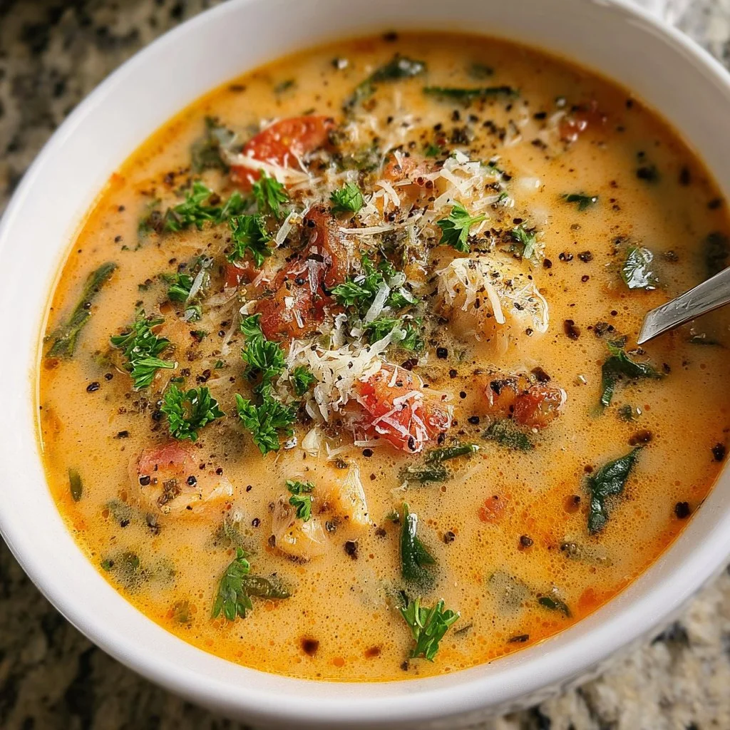 Bowl of Keto Tuscan Soup with fresh herbs and vegetables
