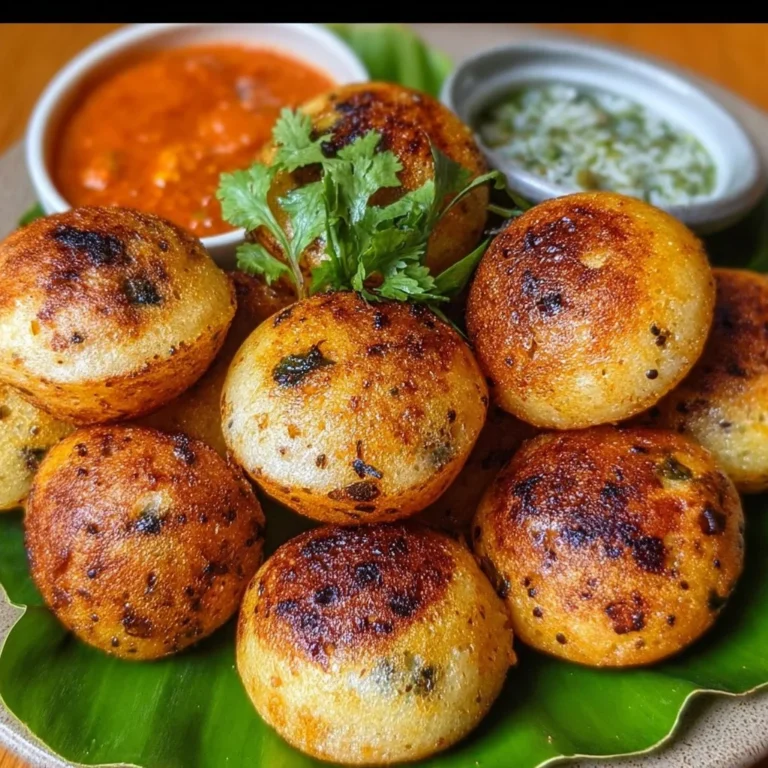 Delicious Kuzhi Paniyaram served with chutney in a traditional South Indian style.