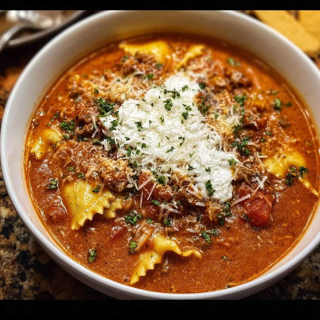 A steaming bowl of Lasagna Soup garnished with cheese and herbs.