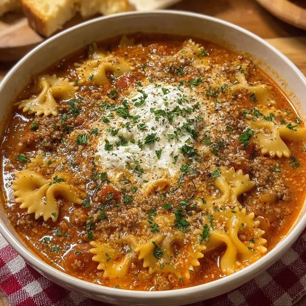 Deliciously hearty Lasagna Soup served in a bowl with cheese and herbs on top.