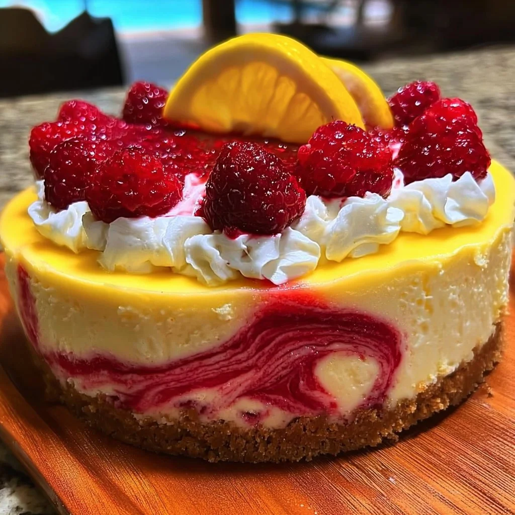 Lemon Raspberry Swirl Cheesecake with vibrant raspberry and lemon swirls on top.