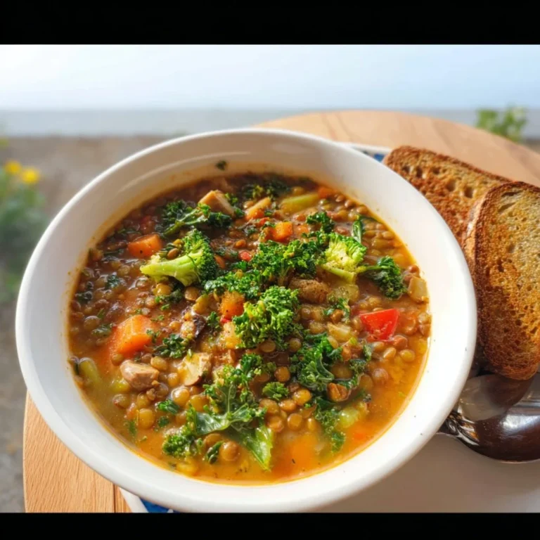 Bowl of hearty lentil vegetable soup filled with fresh vegetables and lentils